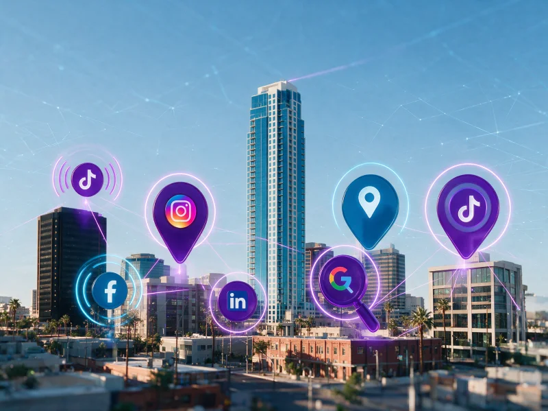 Iconos de Google y redes sociales flotando sobre Phoenix, Arizona